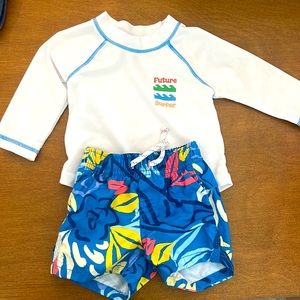 Baby Gap swim trunks and rash guards